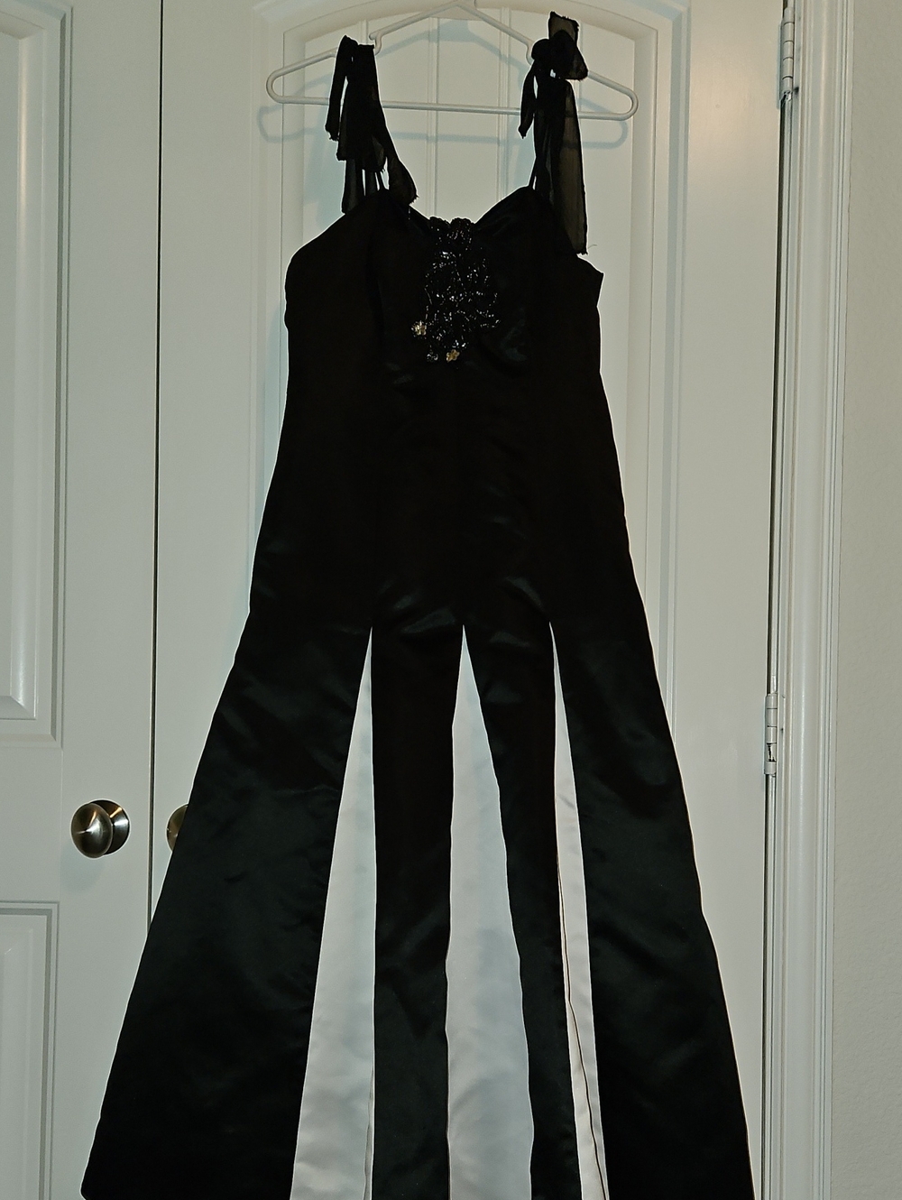 Black Satin Evening Dress with White Panel Details